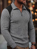 Men's Fashion Top, Autumn/Winter Outdoor Casual Textured Ribbed Fabric, Color-Block Crew Neck Zipper Patch Long Sleeve Men's Henley Shirt - Grey