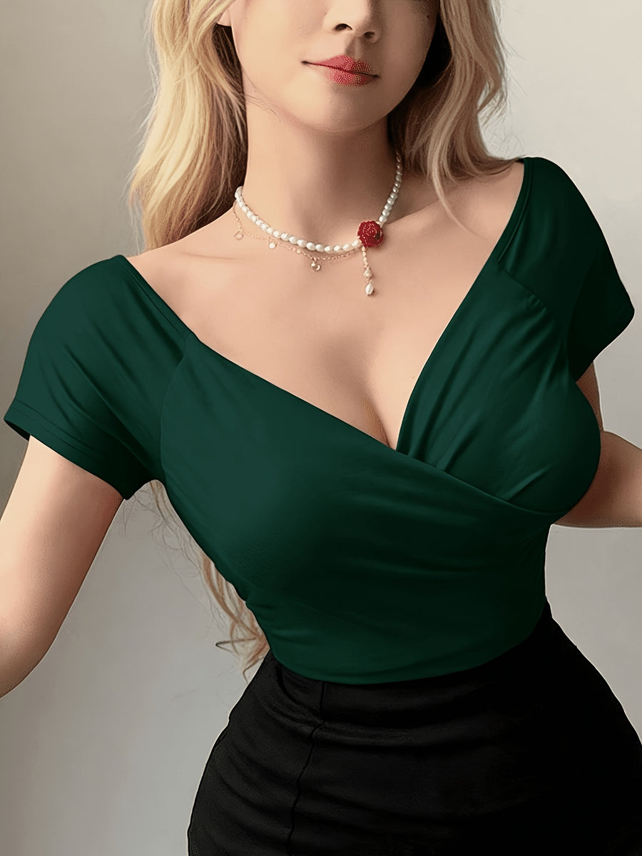 Front Deep V-crisscross Wrap, Back Off-the-shoulder Sleeveless Fitted Short-sleeve T-shirt - Dark Green