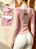 Stand-up Collar Half-zip Long-sleeve T-shirt, Autumn/winter Warm Half-high Neck Base Layer Top - pink