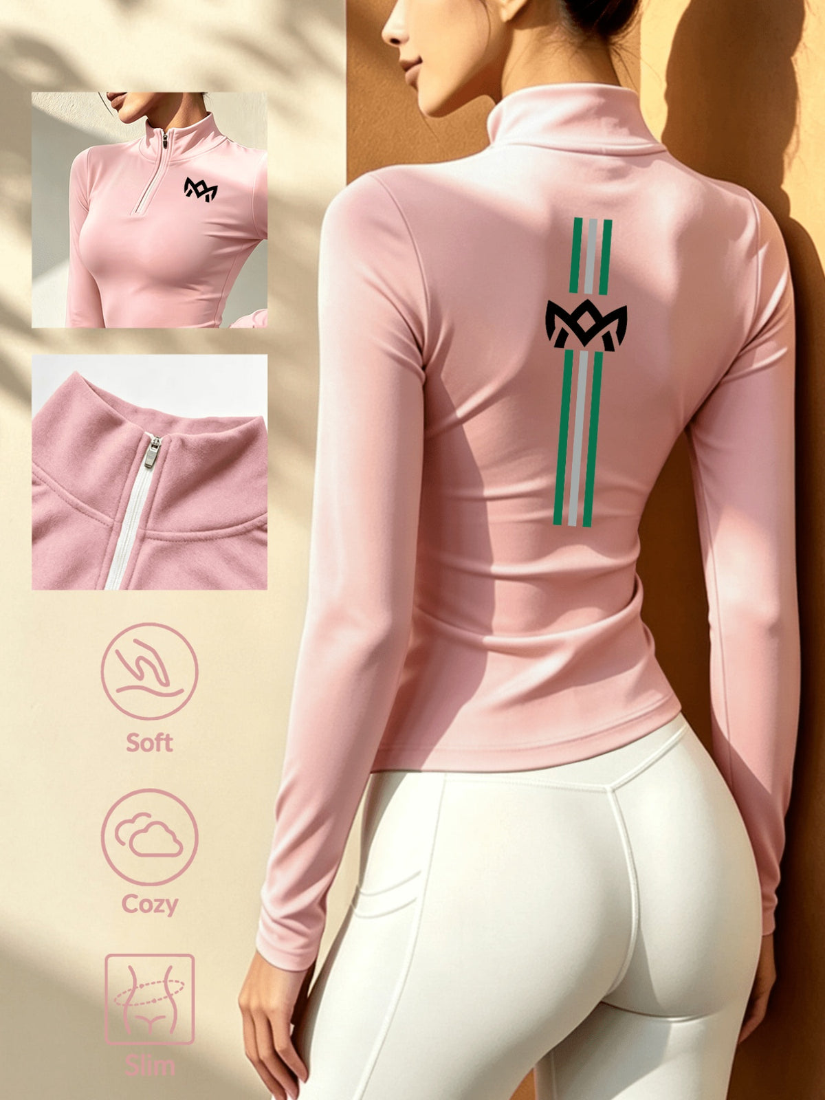 Stand-up Collar Half-zip Long-sleeve T-shirt, Autumn/winter Warm Half-high Neck Base Layer Top - pink
