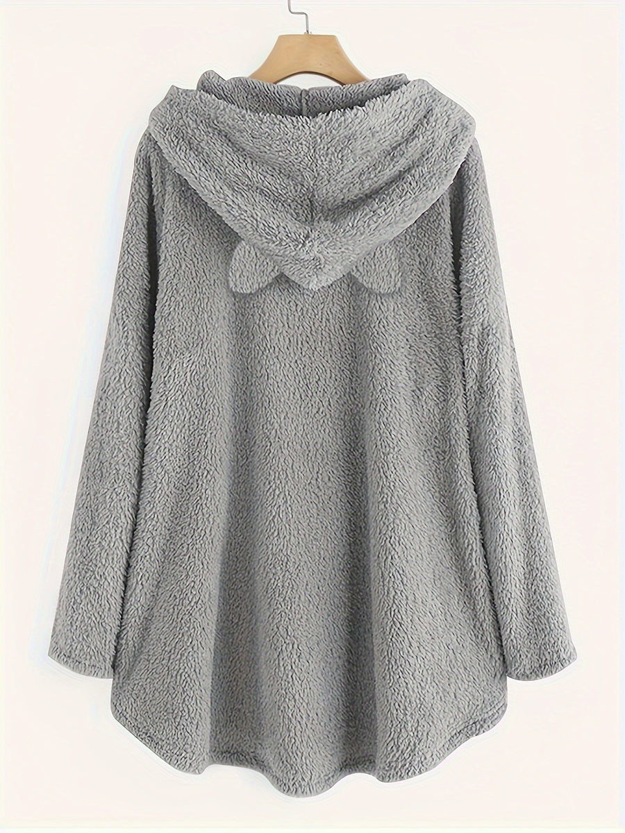 Fuzzy Cat Ear Hoodie, Loose Oversized Front Pocket Hooded Sweater, Loungewear & Casual Tops For Winter, Women's Clothing - Light Grey