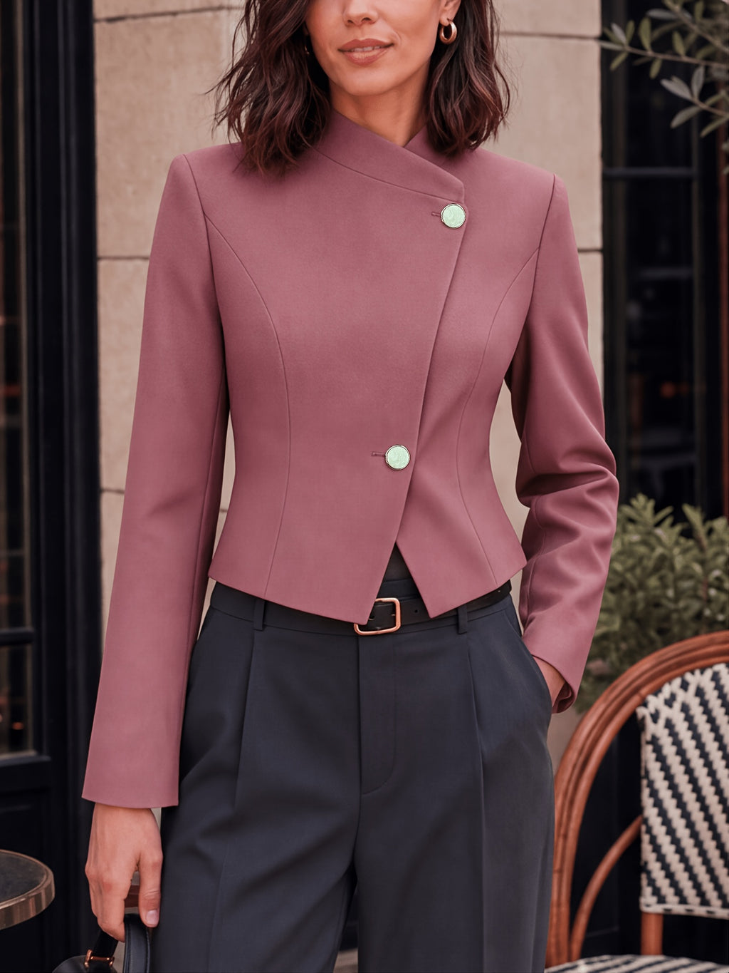 New Style Stand-Up Collar Irregular Slanted Lapel Suit, Solid Color Long Sleeve Cropped Waist-Defined Blazer with Lining - gray pink