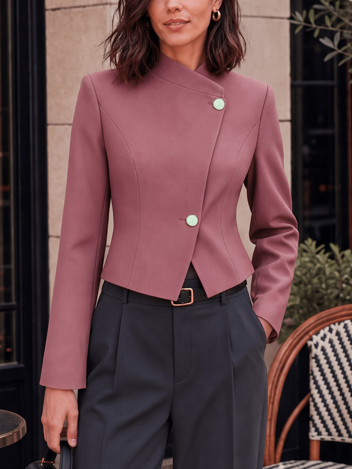 New Style Stand-Up Collar Irregular Slanted Lapel Suit, Solid Color Long Sleeve Cropped Waist-Defined Blazer with Lining - gray pink