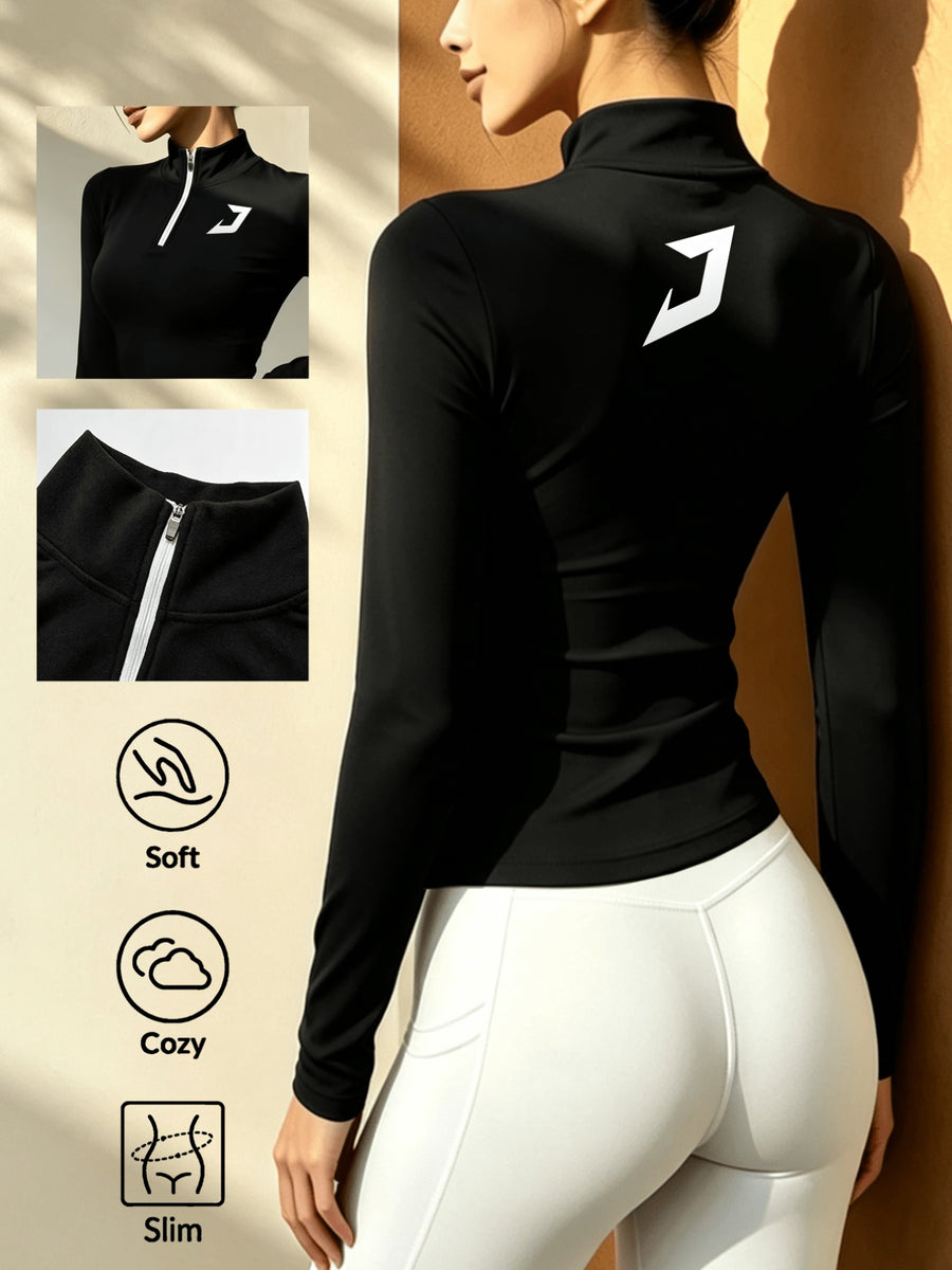 Stand-up Collar Half-zip Long-sleeve T-shirt, Autumn/winter Warm Half-high Neck Base Layer Top - Black