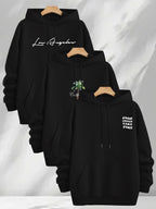3pcs Trendy Print Sweatshirt, Men's Casual Hooded Sweatshirt, Long-sleeve Pullover, Slightly Stretchy, Knitted Polyester Fabric, Regular Fit Men's Hoodie - Black