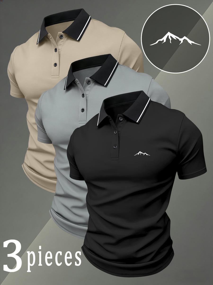 Summer New Men'S Short-Sleeved Polo Shirt 3pcs Set Multi-Color Optional Fashionable Versatile Daily Casual Comfortable And Breathable Fabric Suitable for Outdoor Sports And Business Casual Wear Essential Polo Shirt for Mature Men - Black + Light Gray + Khaki
