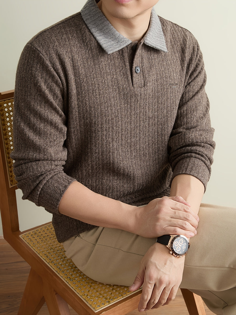 [Whale-Crossing Lan OBM] 1pc Autumn/Winter New Men'S Knit Pullover Sweater, Preppy Style Color-Block Lapel Half-Button Long Sleeve Knit Pullover, Men'S Business Casual Fashion Ribbed Sweater, Suitable for Spring, Autumn - Coffee Color