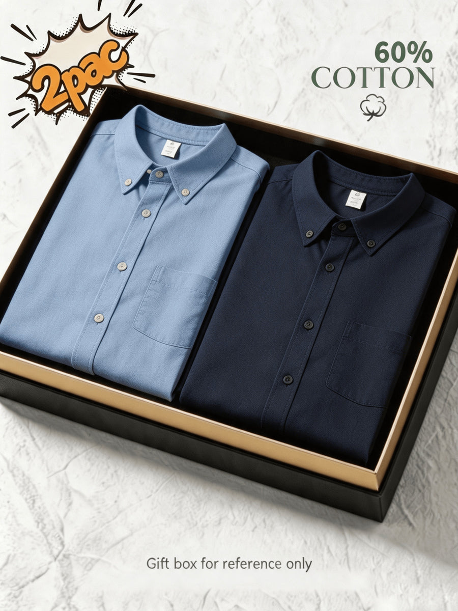 1+1 2pcs Classic Men's Oxford Plain Color Shirt, Long Sleeve Spring/Autumn Pocket Lapel Shirt for Casual Daily Outings - Blue+Navy Blue