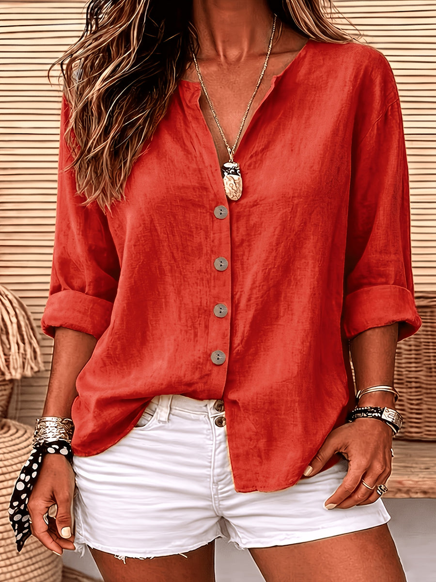 Women'S Solid Color V-Neck Long-Sleeved Shirt, Loose And Single-Breasted Casual Daily Vacation Top - Red