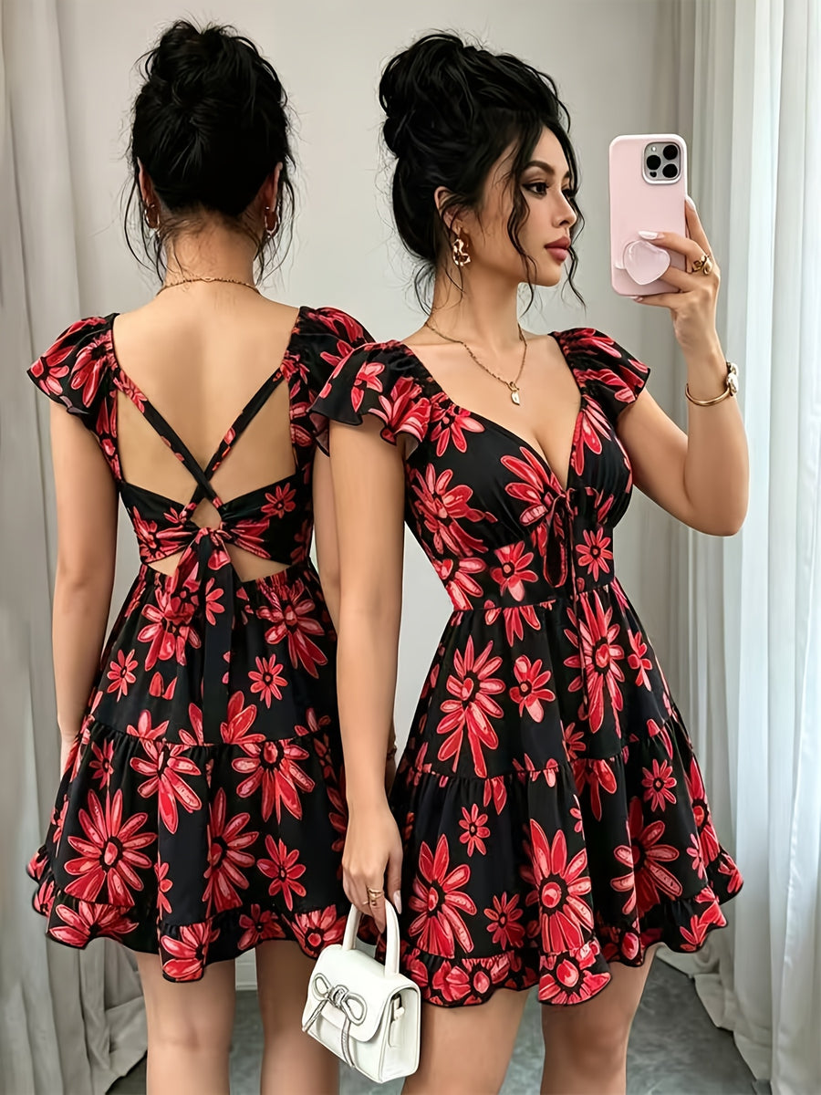 Women's Elegant Black and Red Summer Bohemian Style Vacation Backless Ruffle Sleeve Cross-Back Tie-Waist A-Line Printed Mini Dress - Mixed colors