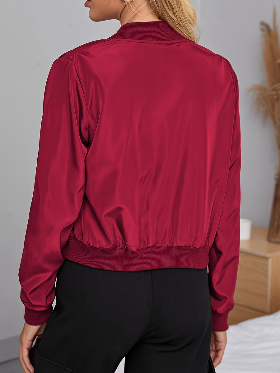 Elegant Women's Bomber Jacket - Casual Polyester, Machine Washable, Solid Color with Baseball Collar for Spring/Fall - Scarlet red