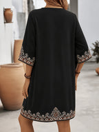 Fashionable Elegant Bohemian Ethnic Style Printed V-Neck Short Sleeve Loose Casual Dress - Black