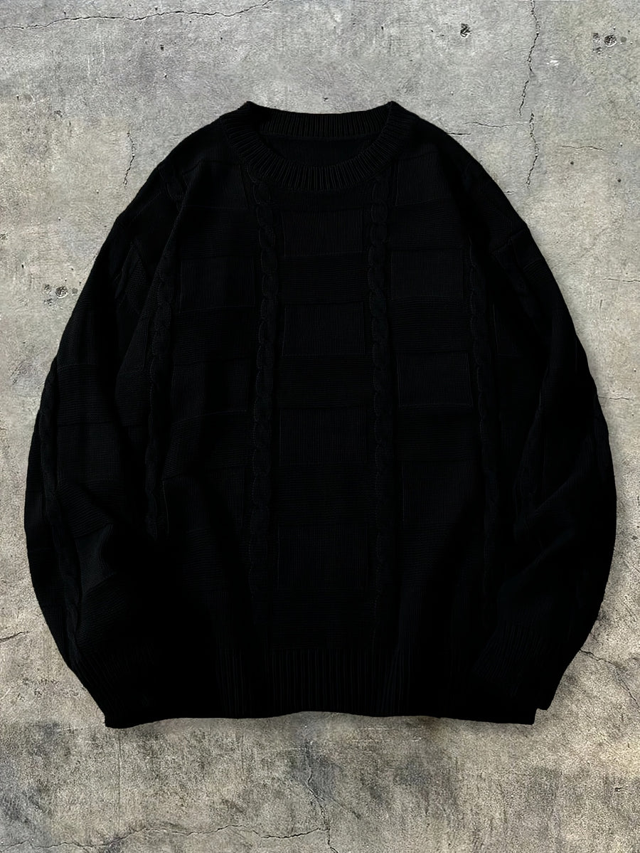 Autumn Winter Men'S New Casual Loose Easy Checkered Twisted Rope Pattern Vintage American Commute All-Match Knit Long Sleeve Round Neck Pullover Top - Black