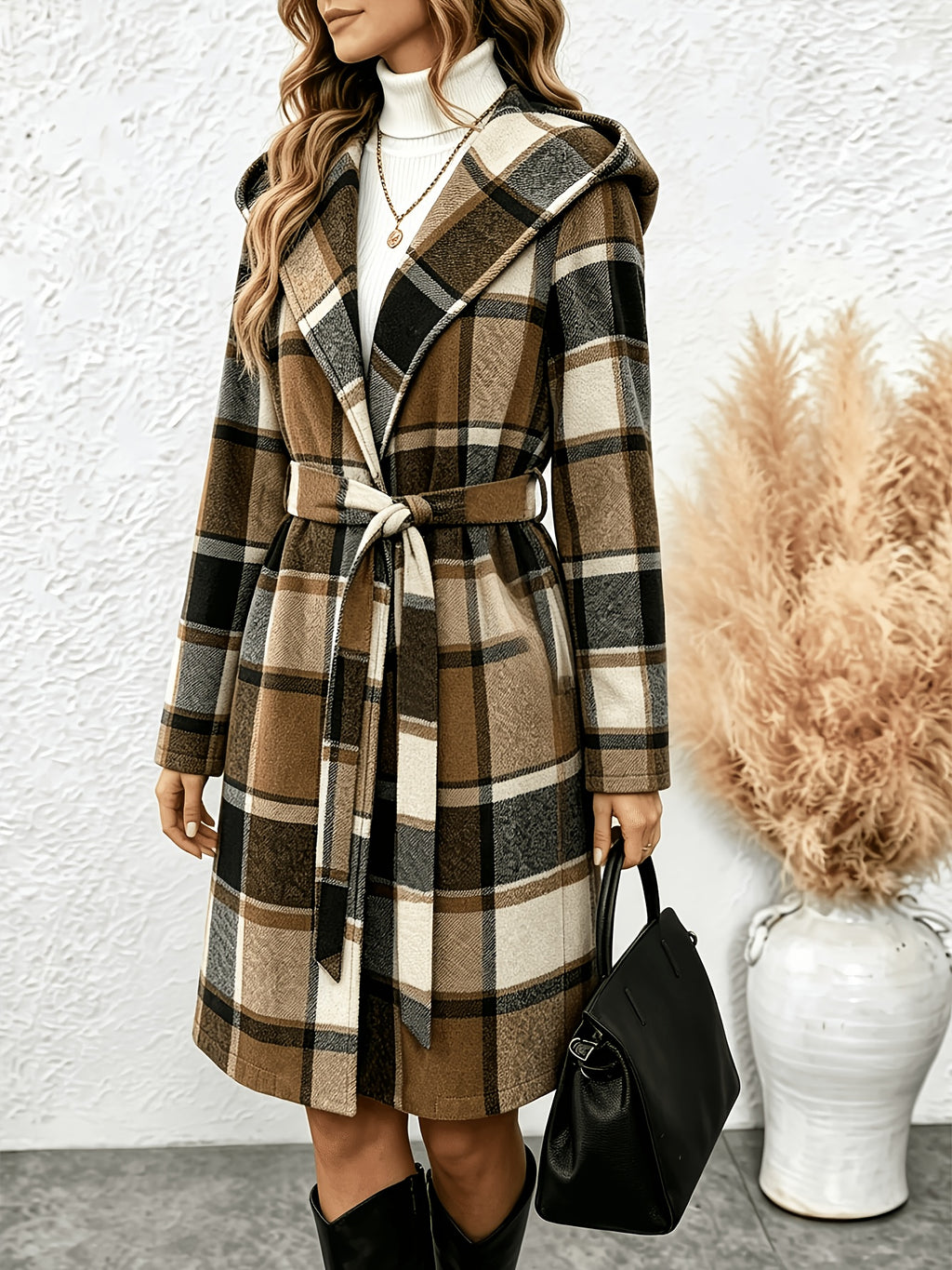 Fall/Winter Women's Hooded Vintage Check Coat, Collarless Wrap Style with Adjustable Waist Tie, Long Sleeve Coat with Warm Insulation, Fashionable and Stylish for Daily Commuting, Weekend Parties, Street Wandering and Short Trips - Brown