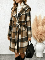 Fall/Winter Women's Hooded Vintage Check Coat, Collarless Wrap Style with Adjustable Waist Tie, Long Sleeve Coat with Warm Insulation, Fashionable and Stylish for Daily Commuting, Weekend Parties, Street Wandering and Short Trips - Brown