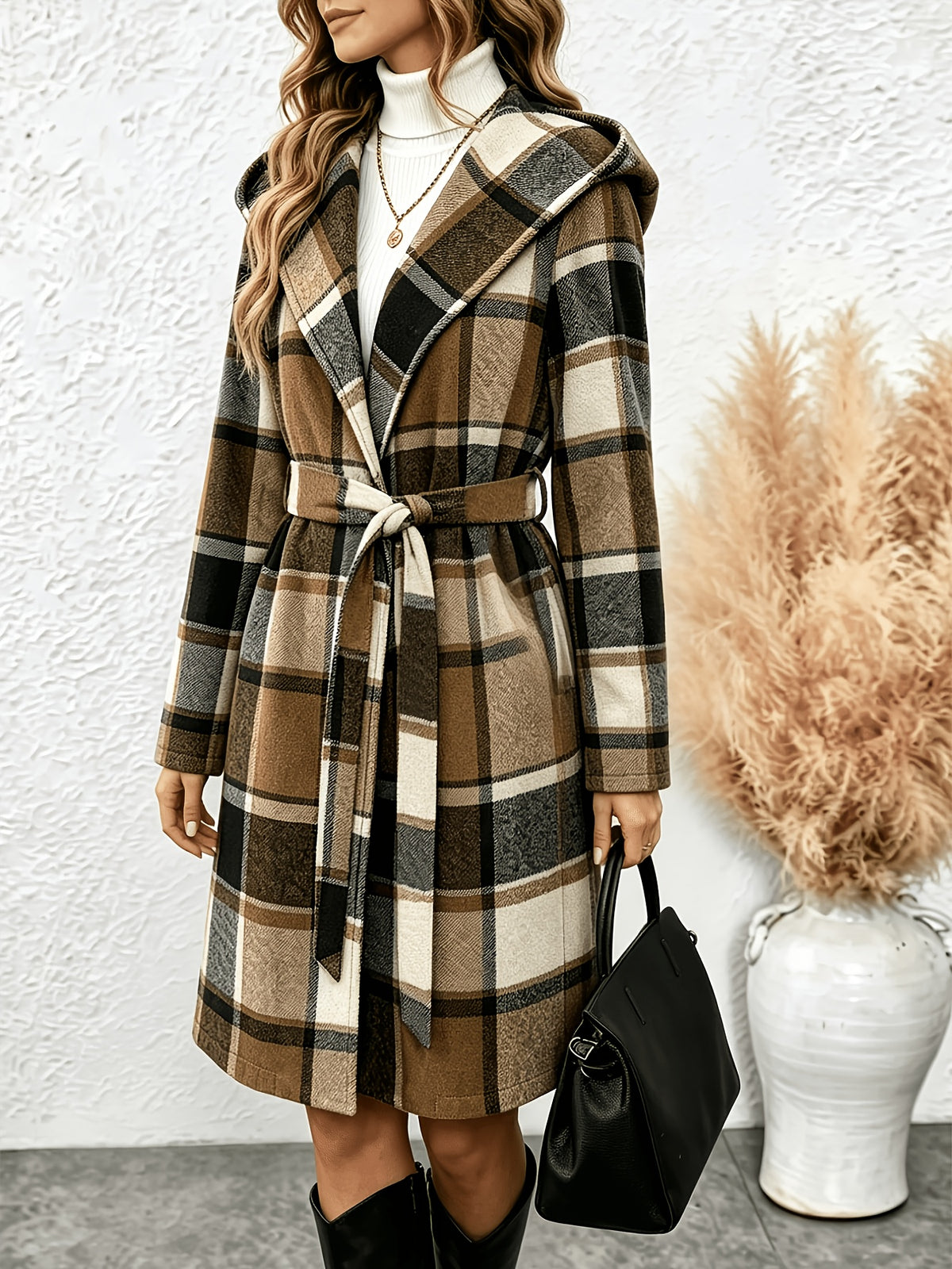 Fall/Winter Women's Hooded Vintage Check Coat, Collarless Wrap Style with Adjustable Waist Tie, Long Sleeve Coat with Warm Insulation, Fashionable and Stylish for Daily Commuting, Weekend Parties, Street Wandering and Short Trips - Brown