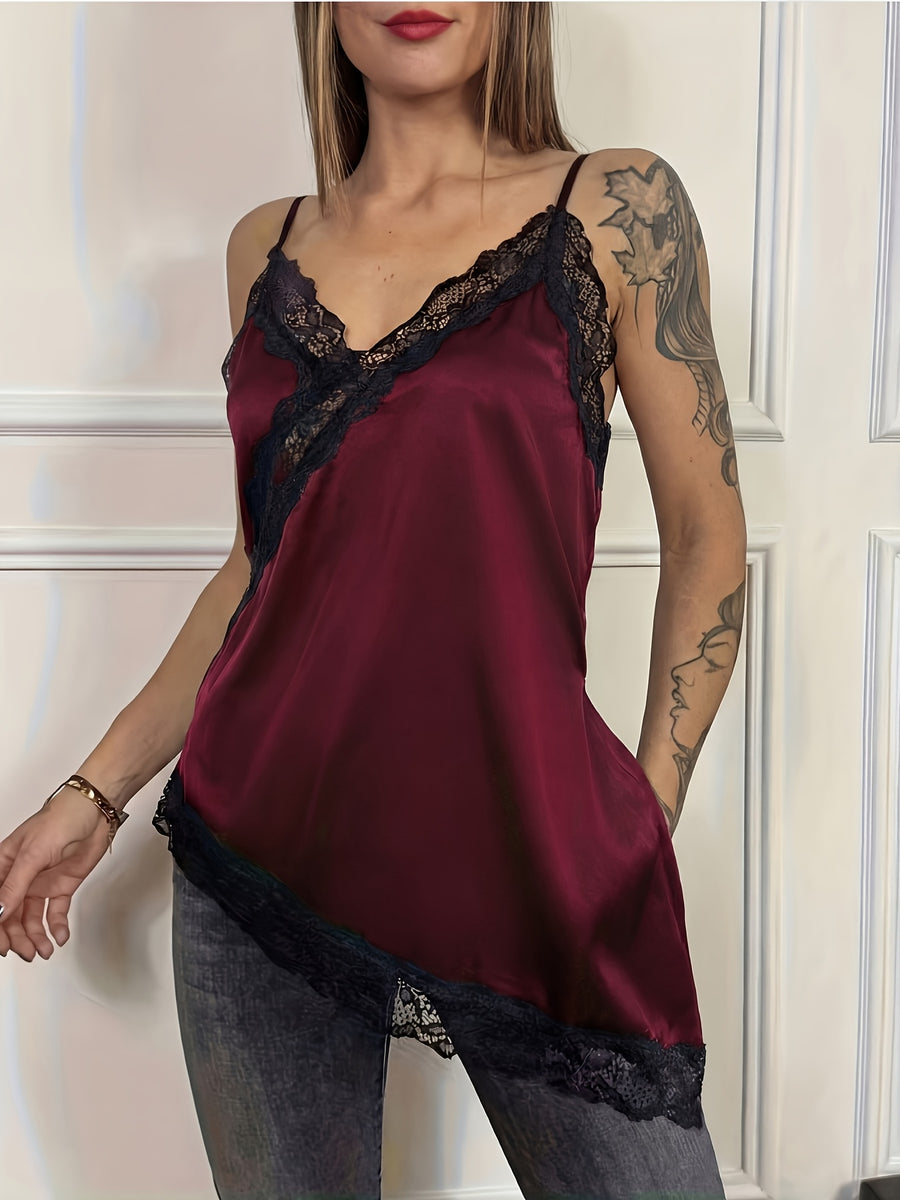 Women'S Satin Asymmetrical Cami Top, Adjustable Straps. Lace Detail on Hem, Underbust, And Neckline, Side Slit, V-Neck Design - Burgundy