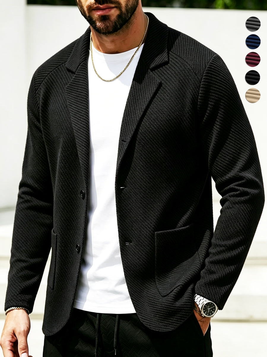 Men'S Spring Autumn New Pinstripe Textured Fabric Blazer Collar Cardigan Single Button Double Pocket Business Casual All-Match Long Sleeve Jacket, Knit Soft Comfortable Fashion Solid Color Outerwear Suitable for Daily Outings, Dates, Holidays - Black