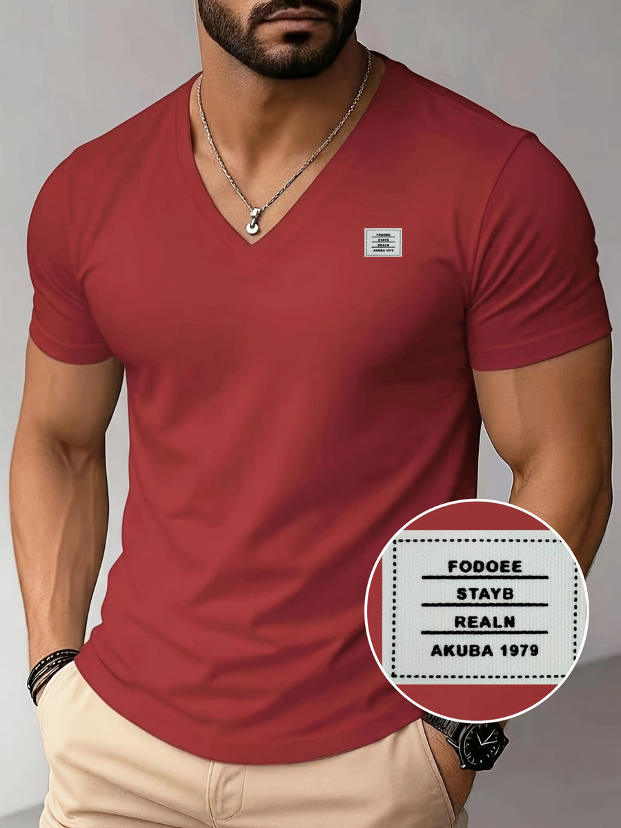180G100C Men'S V-Neck Solid Color Short Sleeve Shirt, Placement Left Chest Patch "FODOEE" Summer Global Seasons Base Layer Factory Made Men'S Man Comfortable High Quality High - Red