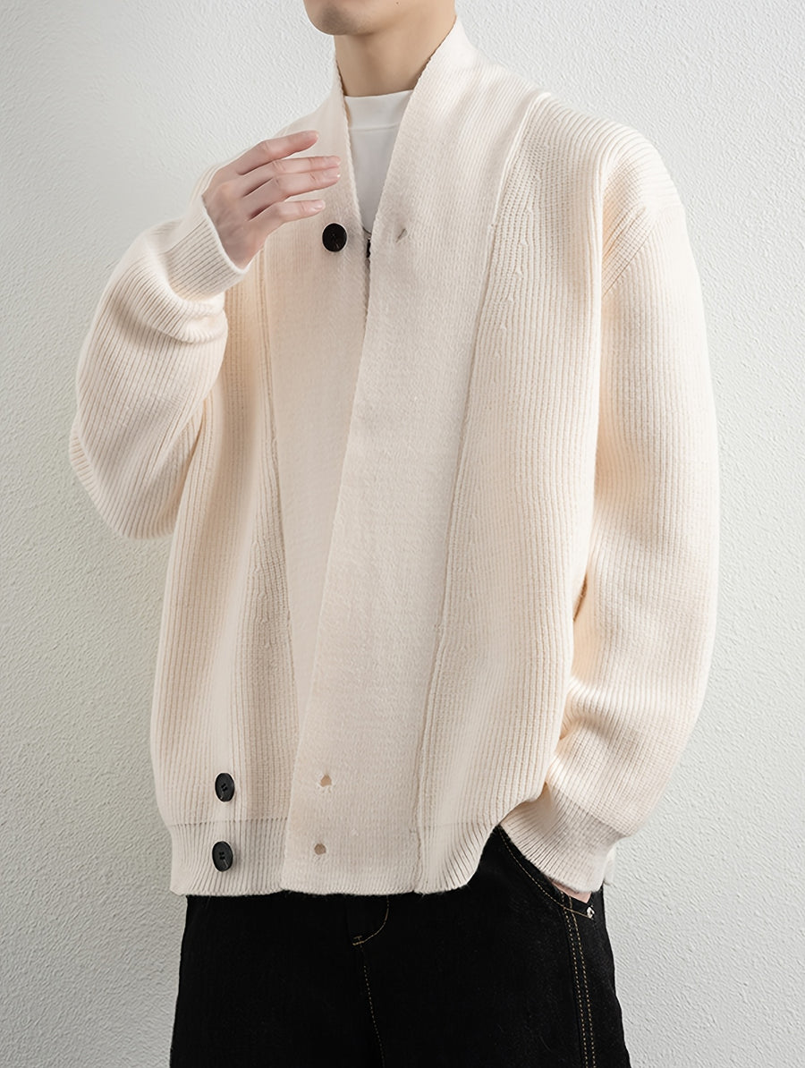 1pc Men'S Pit-Stripe Knit Cardigan, Irregular Diagonal Button V-Neck Design Loose Casual Fall Winter Off-Shoulder Fit Daily Commute Outerwear Sweater Jacket - White