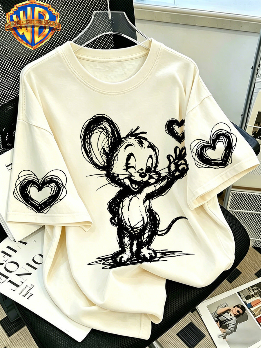 Warner Bros. Official - Minimalist Anime-style T-shirt Featuring a Hand-drawn 'finger Heart' Sketch; Men's 100%, Comfortable, Versatile, and Loose-fitting Short-sleeve Summer Tee-suitable for Outdoor Activities and Casual Attire. - Apricot