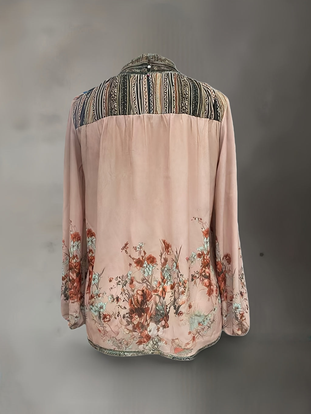 Women'S Bohemian Style Printed High-Neck Chiffon Floral Blouse, Flowing Puff Sleeves, Beautiful Shirt Top Suitable for Various Occasions [Niannian] - Pale Pinkish Gray