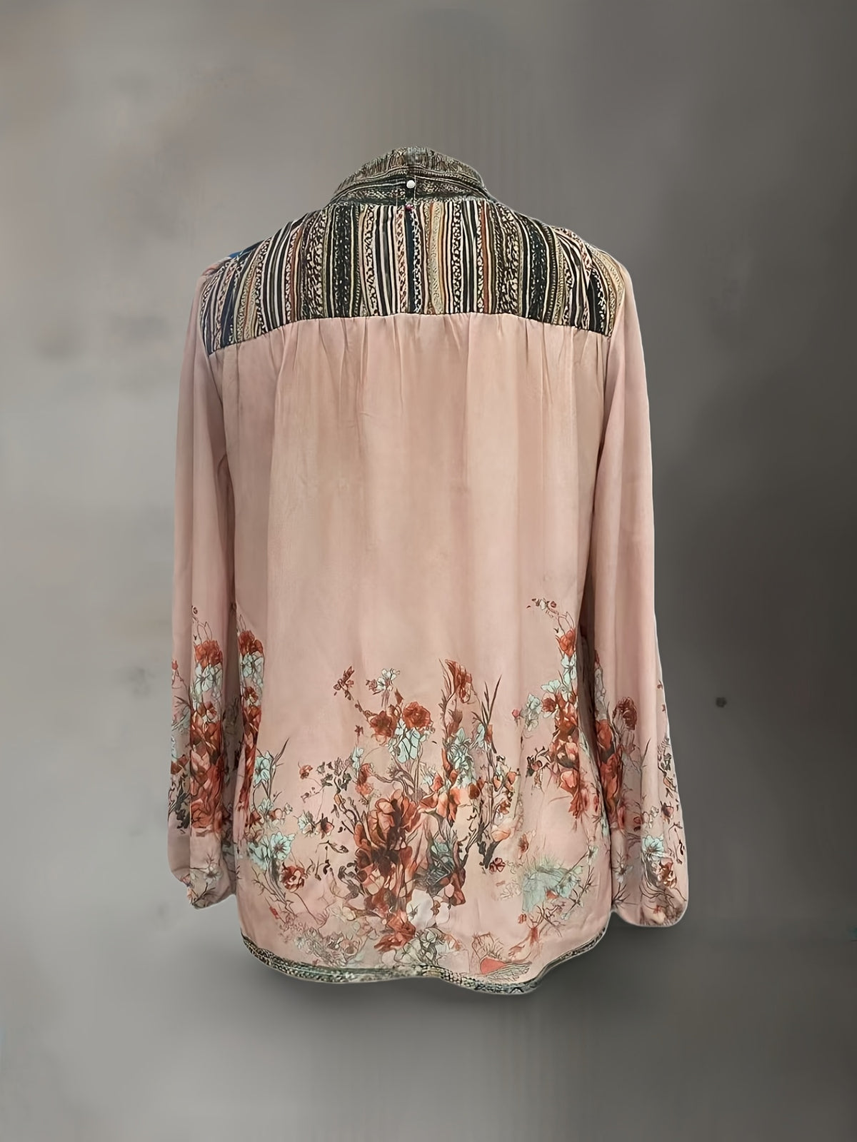 Women'S Bohemian Style Printed High-Neck Chiffon Floral Blouse, Flowing Puff Sleeves, Beautiful Shirt Top Suitable for Various Occasions [Niannian] - Pale Pinkish Gray