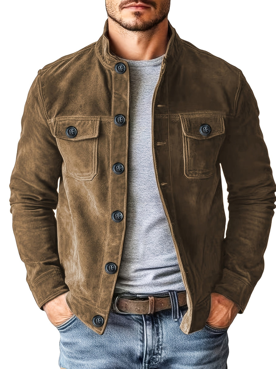 Men'S Casual Jacket with Pockets, Versatile Long-Sleeved Stand Collar Button Coat, Transitional Outerwear - 【Brown】