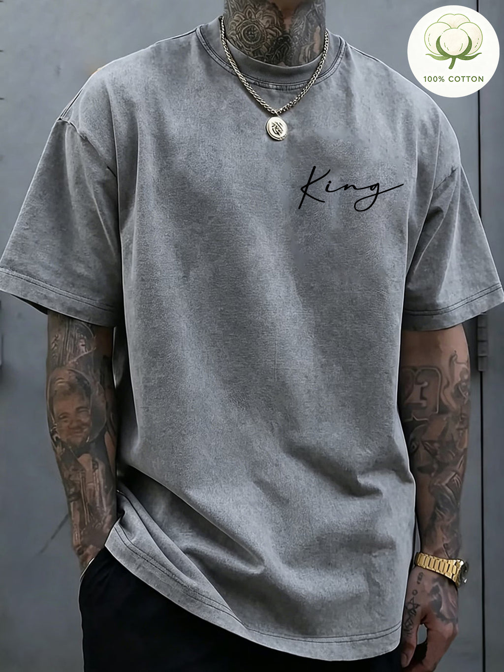 Men'S 100% Washed, Wolf King Print Pattern Retro Round Neck T-Shirt, Casual All-Match Loose Summer Short Sleeve T-Shirt, Daily Wear - Grey White