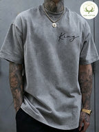 Men'S 100% Washed, Wolf King Print Pattern Retro Round Neck T-Shirt, Casual All-Match Loose Summer Short Sleeve T-Shirt, Daily Wear - Grey White