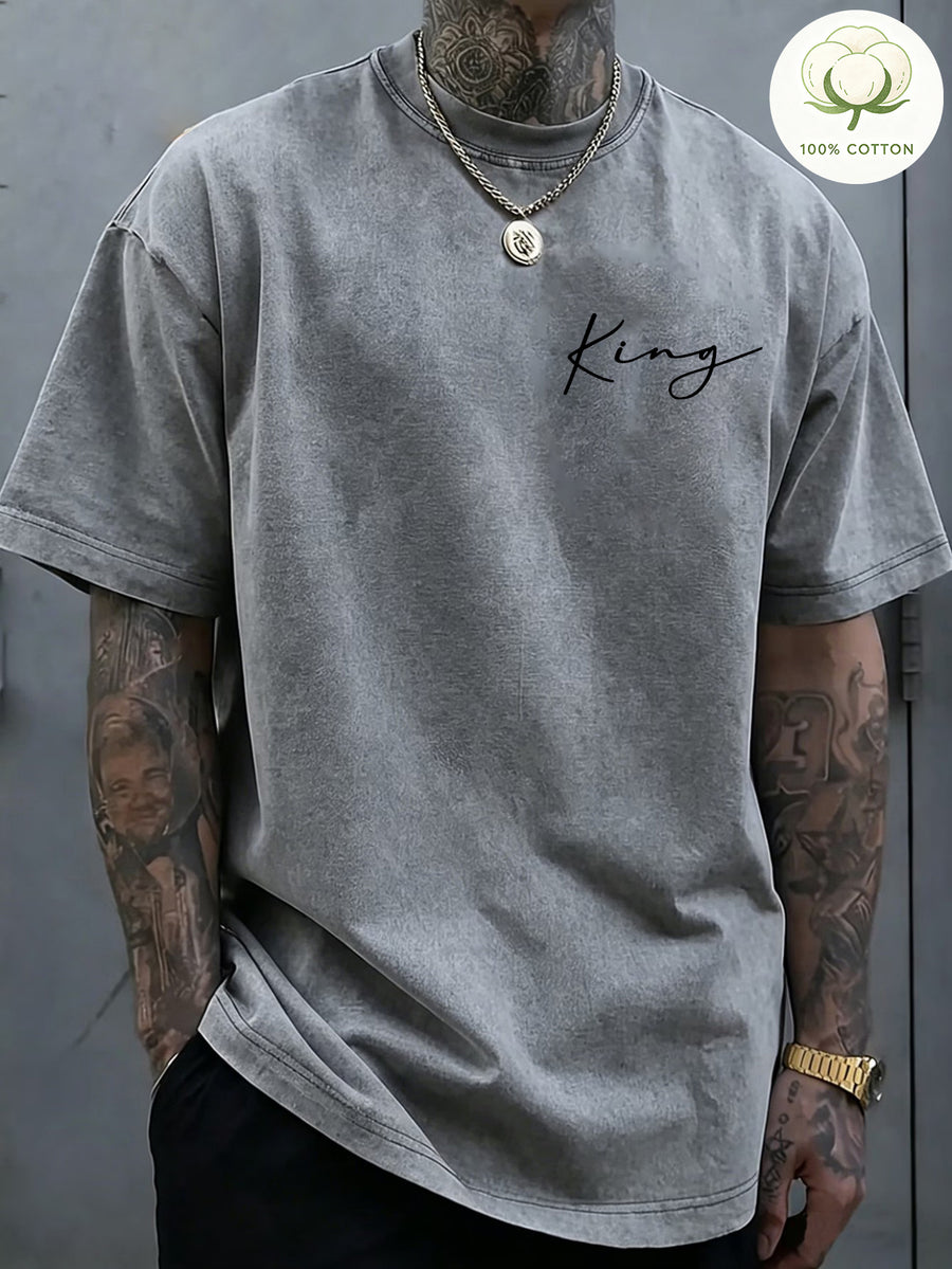 Men'S 100% Washed, Wolf King Print Pattern Retro Round Neck T-Shirt, Casual All-Match Loose Summer Short Sleeve T-Shirt, Daily Wear - Grey White