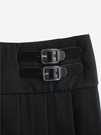 [Development ZD260112084] Women's Casual Cropped Pleated Skirt with Decorative Accessory Buckle (Lined) - Black