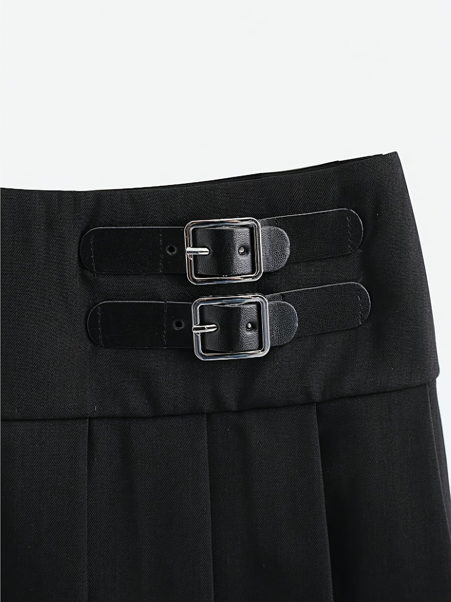 [Development ZD260112084] Women's Casual Cropped Pleated Skirt with Decorative Accessory Buckle (Lined) - Black