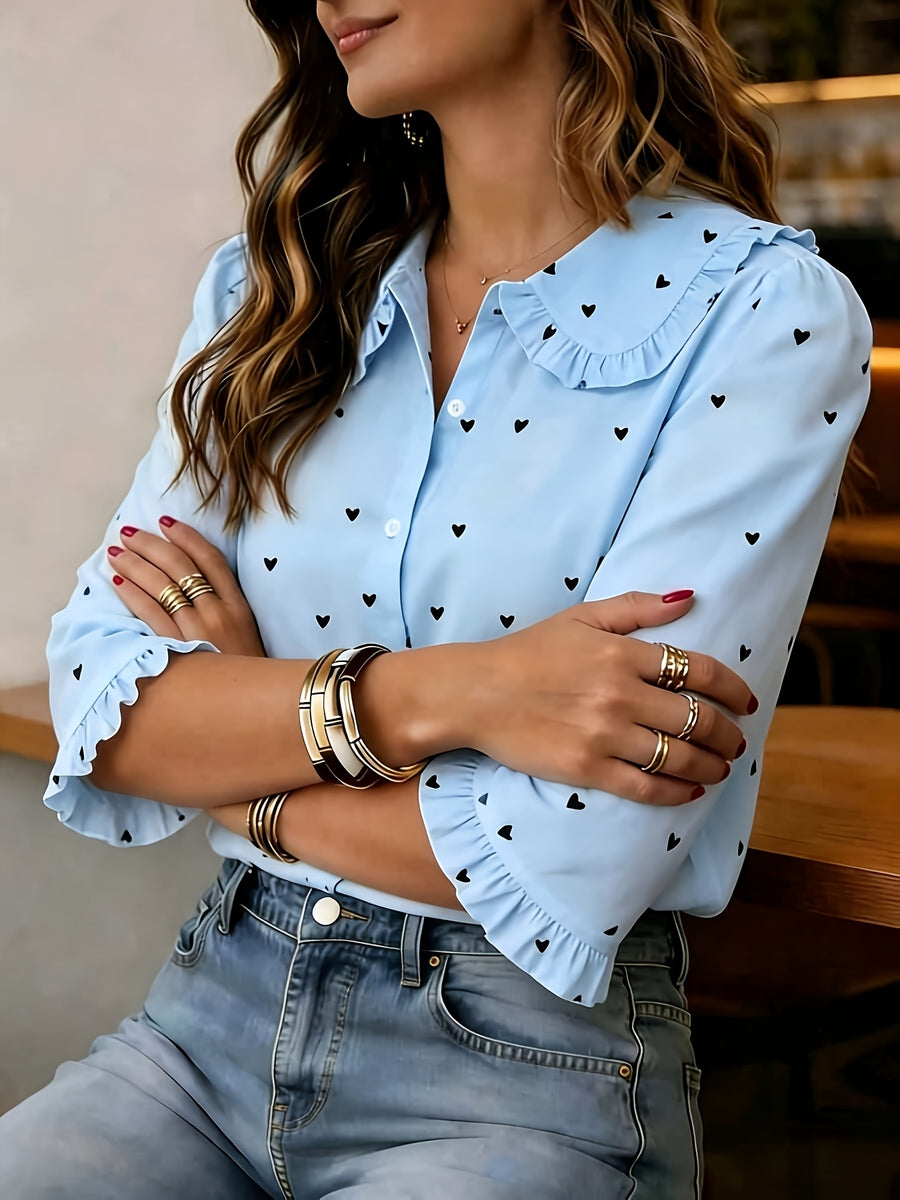 Women'S Heart Print Short Sleeve Blouse with Peter Pan Collar And Ruffled Cuffs - Sky Blue