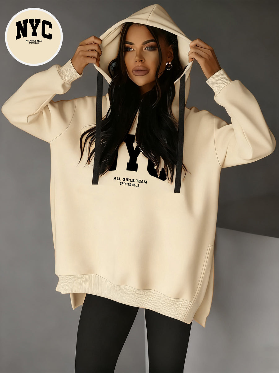 Women'S Stylish Hoodie with Side Slits And Drawstring for Autumn And Winter, Perfect for And Casual Wear, Featuring Cute Prints And a Comfortable Fit, Available in Multiple Colors - Apricot