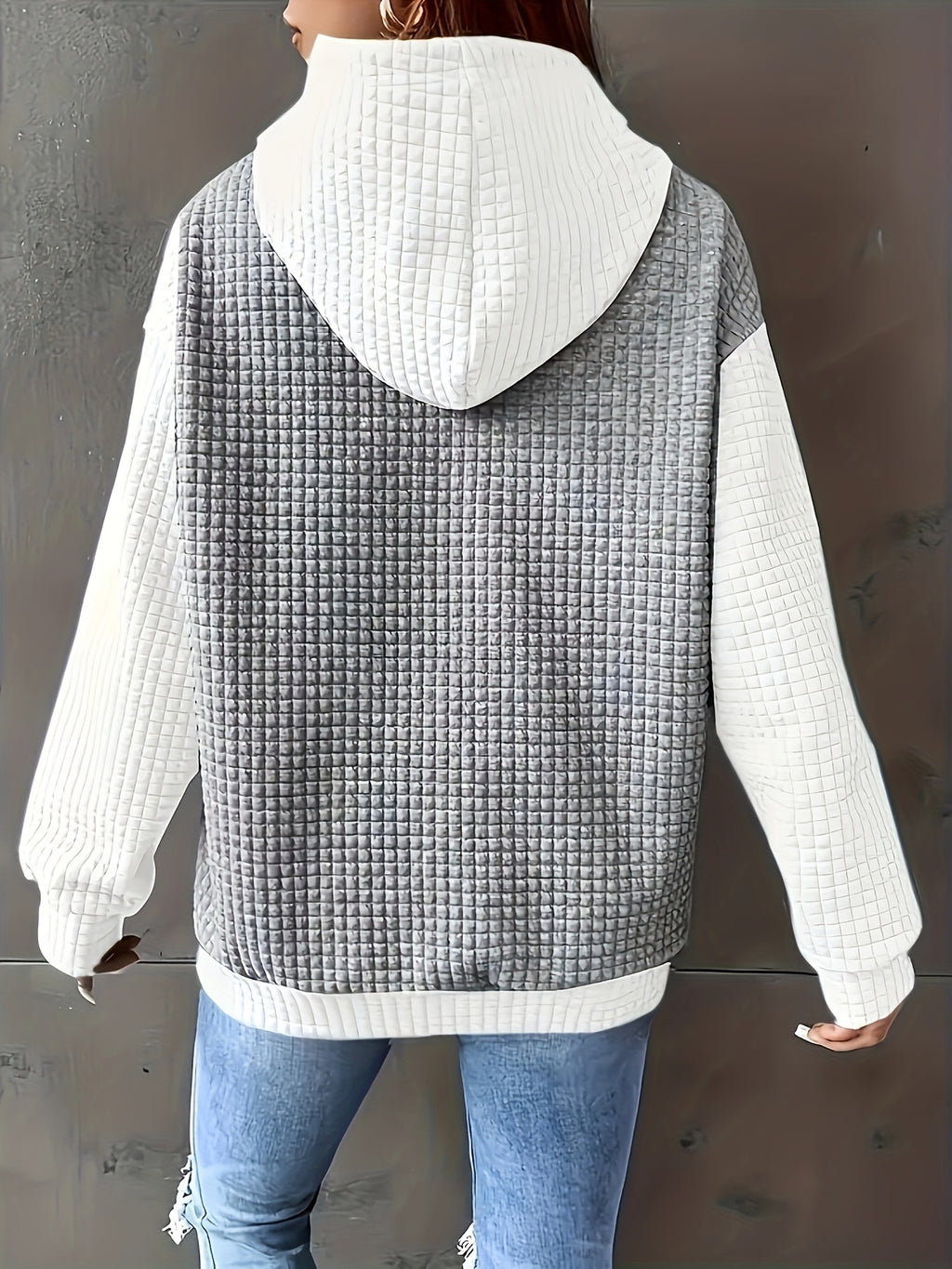 Autumn/Winter European and American Fashion Trendy Wide Fit Casual Loose Color Block Patchwork Pullover Hooded Versatile Sweatshirt Jacket for Women - White