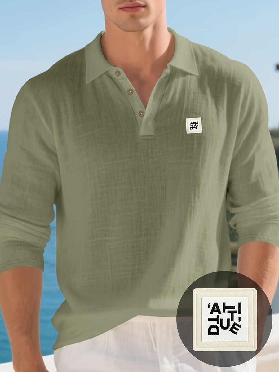Men'S Linen Polo Shirt, Long Sleeve Casual Button-Up Top Made of Soft Natural Linen Fabric, Breathable Lightweight Construction with Relaxed Fit, Ideal Summer Clothing for Beach Vacations, Tropical Travel, Business Casual, And Leisure Style - Tactical Green