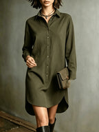 Women's Midi-Length Shirt for Autumn/Winter, Loose-Fit Lapel Half-Open Front Long-Sleeve Casual Top, -Like Texture Midi-Length Blouse, Women's Loose Lapel Versatile Midi-Length Top for Autumn/Winter, Loose Long Shirt, Women's Lapel Half-Open Front - Olive Green