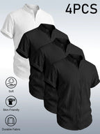 4pcs Urban Minimalist Pinstripe Textured Men'S Short Sleeve Stand Collar Zipper Cardigan, Summer Lightweight Breathable Casual Jacket, Fashionable All-Match Zippered Short Sleeve Shirt, Vertical Pleated Textured Fabric - Black+Black+Black+White