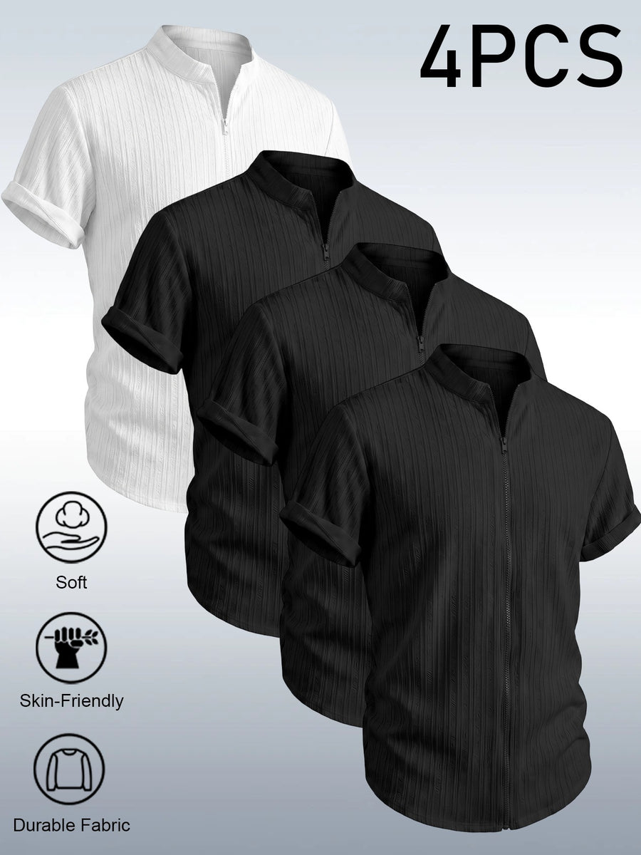 4pcs Urban Minimalist Pinstripe Textured Men'S Short Sleeve Stand Collar Zipper Cardigan, Summer Lightweight Breathable Casual Jacket, Fashionable All-Match Zippered Short Sleeve Shirt, Vertical Pleated Textured Fabric - Black+Black+Black+White