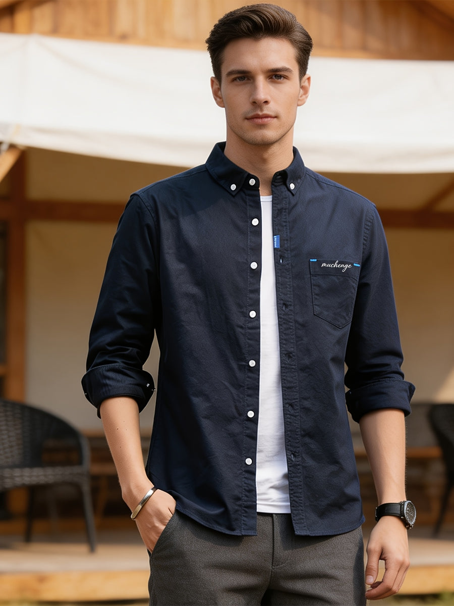 Spring/Autumn Men'S Oxford Cloth Collared Shirt, Individual Chest Print Long Sleeve Blouse, Slimming Outdoor Casual Top, Youth Versatile Commute Light Business Men'S Basic Shirt - Dark Blue