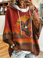 Plus Size - Printed Western Plus Size Vintage Mayan Hummingbird Ethnic Style Printed Hooded Sweatshirt, Loose Drop Shoulder Three-Quarter Sleeve Lazy Exotic Vacation Body-Covering Casual Pullover Sweater, No Additions - Multicolor