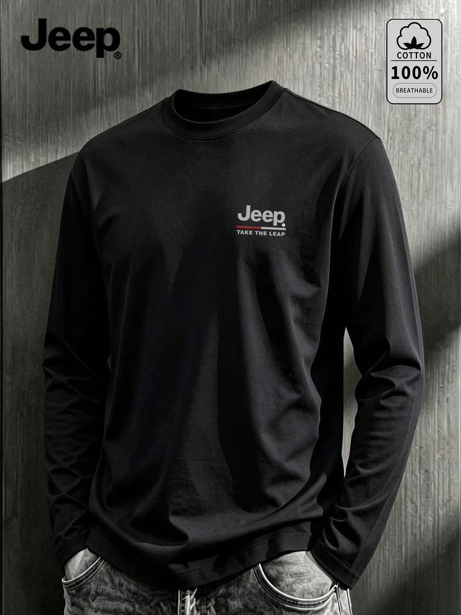 JEEP Men's Pure Long-Sleeve T-Shirt, 210g, Crew Neck, Solid Color, Wear-Resistant, Breathable, for Spring/Autumn Casual and Sports as a Base Layer Top - Black