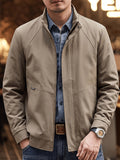 Men'S Stand-Up Collar Zip-Up Lightweight Business Jacket, Textured Wrinkled Fabric with Fine Check Breathable Full Lining, Zipper And Button Double-Breasted Casual Commuter Trench Coat, Curved Side Zip Pockets Slight Body-Shaping Top - Khaki