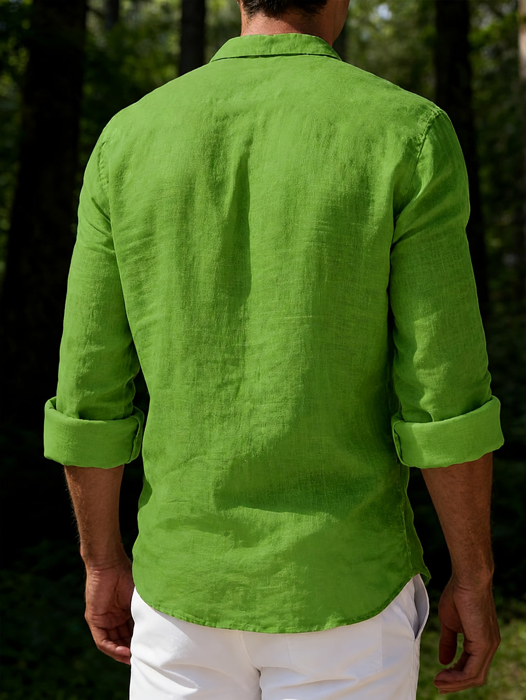 Men's 100% Pure Cotton Lapel Button-Up Long Sleeve Shirt, 2pcs Set. A Versatile Casual Top for Spring and Autumn, Suitable for Daily Wear. The Fabric Is Comfortable and Breathable, Making It Perfect for Beach Vacations and Everyday Outings - Green+Orange