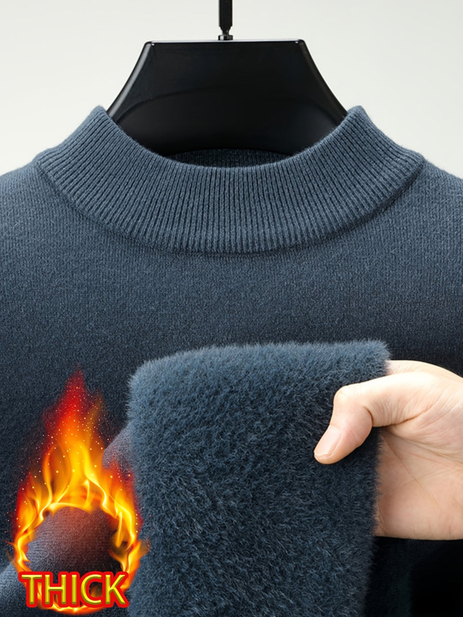 Men's Half-Turtleneck -Lined Thickened Warm Sweater, Featuring a Classic Half-turtleneck Design That Fits Snugly Around the Neck for Wind Protection and Warmth. Solid Color, Simple and Versatile, Suitable for Both Commuting and Daily Wear - Night Orchid