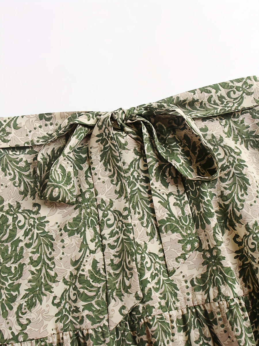 All-Over Print Long Holiday Casual Dress with Belt - Mixed colors