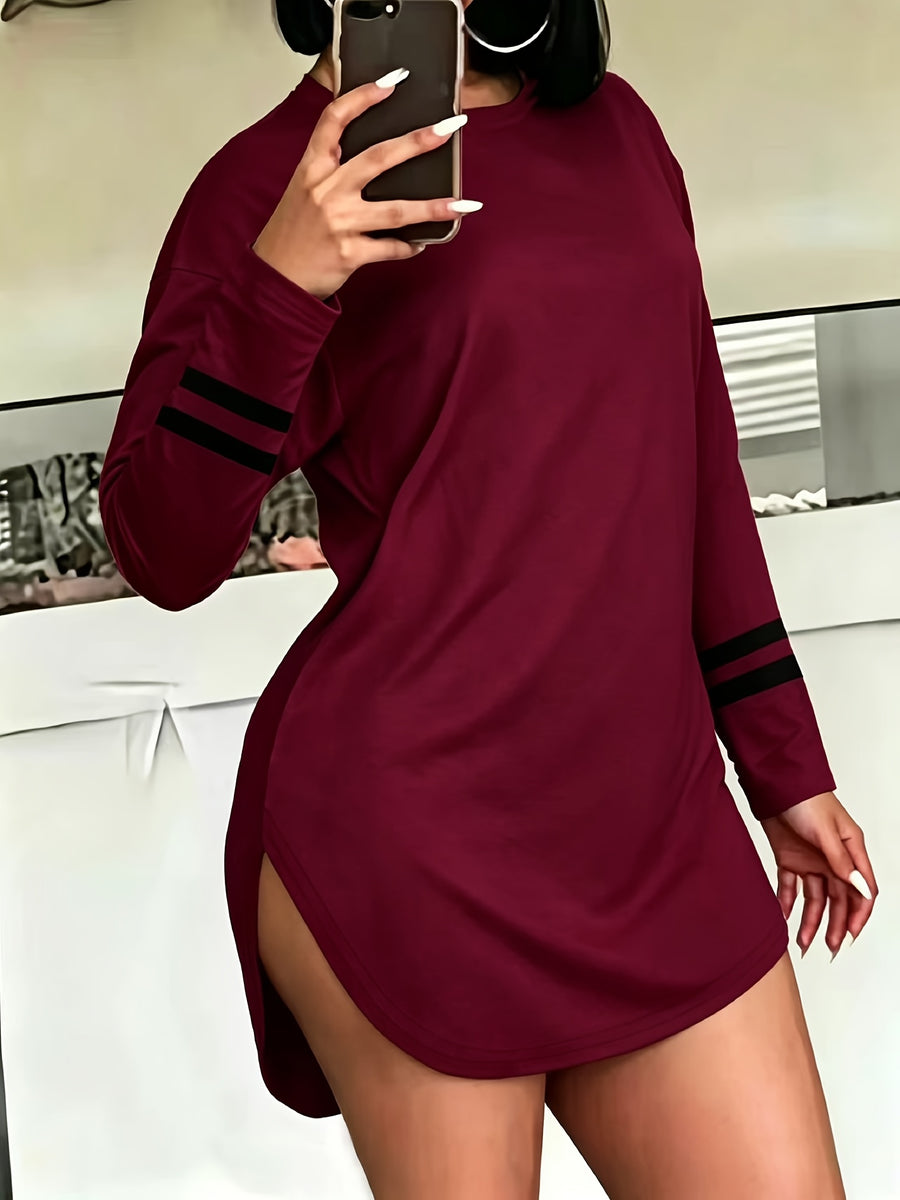 Sexy Streetwear Drop Shoulder Long Sleeve T-Shirt with Side Slit, American Style - Burgundy