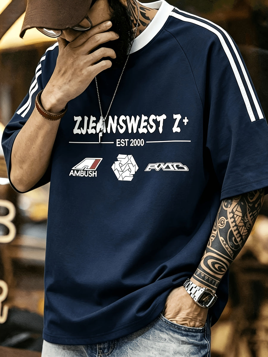 Summer Men'S Striped Street Style T-Shirt Casual Hip-Hop Round Neck Men'S Retro with Print Color-Block Collar Top Athletic Striped Short Sleeve - Navy Color