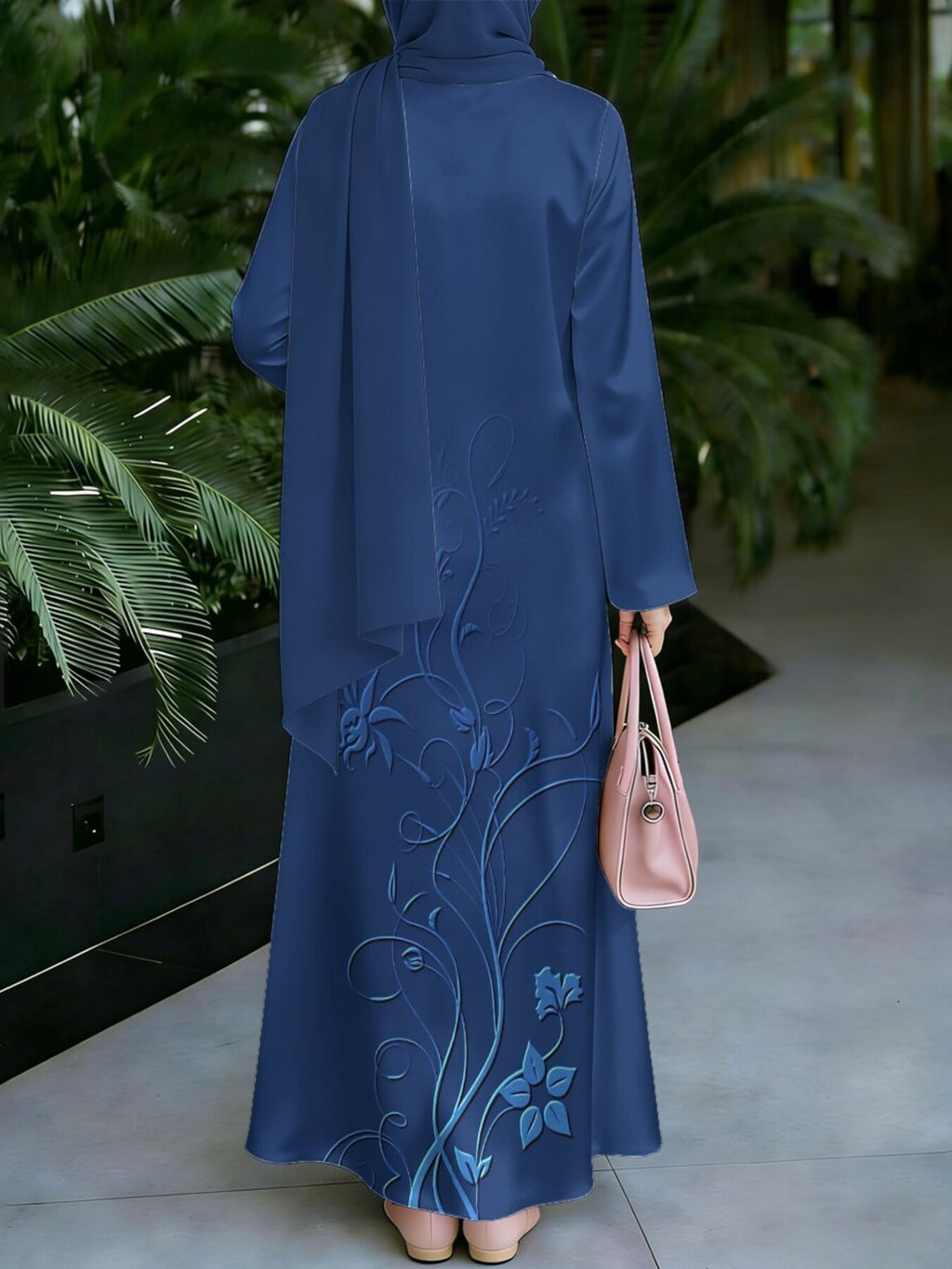 Muslim Women's Dress, Loose Fit Traditional Middle Eastern Thobe, Straight Cut Long Sleeve Elegant Muslim Long Dress, Long Abaya, Three-Dimensional Vine and Floral Pattern Print Dress, Headscarf Not Included - Mixed colors
